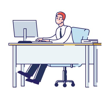 Aşırı çalışma ve tükenme kavramı. Kızgın ofis çalışanı ya da patronu işyerindeki bilgisayarda çalışıyor. Çalışmayı bitirmeye çalışan stresli bir karakter. Çizgi film Çizgi Çizgisi Düz Vektör İllüstrasyonu