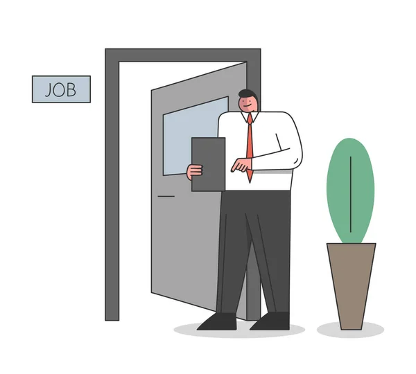 Concepto de entrevista de trabajo. El hombre de negocios está contratando a un nuevo personal. Lugar vacante en la oficina. El hombre está esperando nuevos candidatos en la puerta del corredor. Dibujos animados Esquema lineal Ilustración de vectores planos — Archivo Imágenes Vectoriales