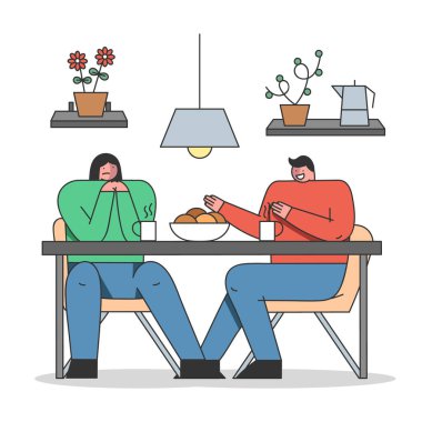 Sinir bozucu arkadaş kavramı. Sinir bozucu ve her şeye burnunu sokan bir hayran başarısız bir şekilde sohbet etmeye çalışıyor. Arkadaşlar arasında tamamen bir yanlış anlaşılma. Çizgi film Düz Dış Hatlar Biçimi. Vektör İllüstrasyonu