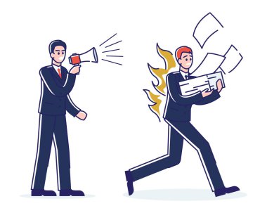 Teslim tarihi konsepti. Sinirli Müdür, ofisteki hoparlörün yanındaki çalışana bağırıyor. Patron, teslim tarihleri başarısız olduğu için çalışanın acele etmesini istiyor. Çizgi film Çizgi Çizgisi Düz Vektör İllüstrasyonu