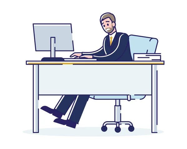 作業期限の概念.コンピュータ上で働く従業員とオフィスでの作業プロセス。男は締め切りに従うために非常に懸命に働いています.漫画リニアアウトラインフラットスタイル。ベクターイラスト — ストックベクタ