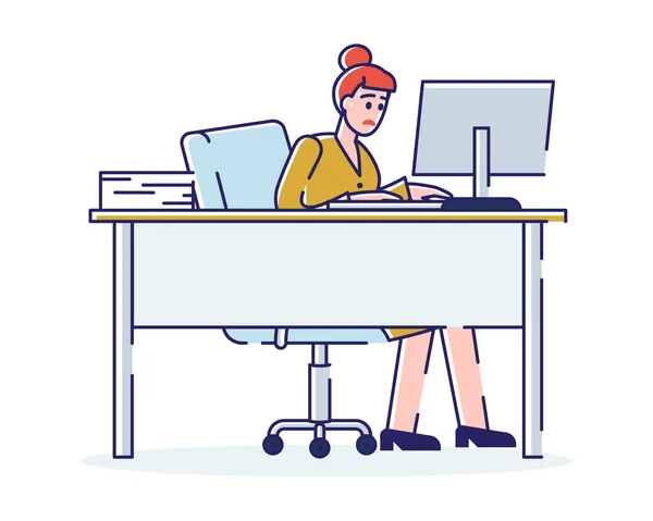 工作期限的概念。在办公室工作的过程中，女性在电脑上工作。妇女正在努力工作以遵守最后期限。卡通线形轮廓扁平风格.病媒图解 — 图库矢量图片