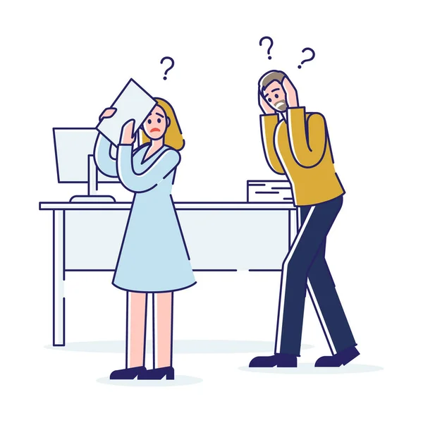 Konsep Situasi Kantor Tertekan, Pekerjaan dan Staf. Office Employees Man And Woman Is Covering Head and Ears (dalam bahasa Inggris) karena teriakan keras dari bos mereka. Ilustrasi Vektor Datar Outline Kartun Linear - Stok Vektor