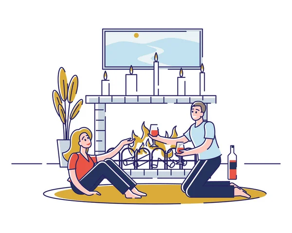 ロマンチックな夜の概念。恋の若い幸せなカップルはキャンドルと暖炉で忘れられない時間を一緒に過ごしています.キャラクターワインを飲む。漫画リニアアウトラインフラットベクトルイラスト — ストックベクタ