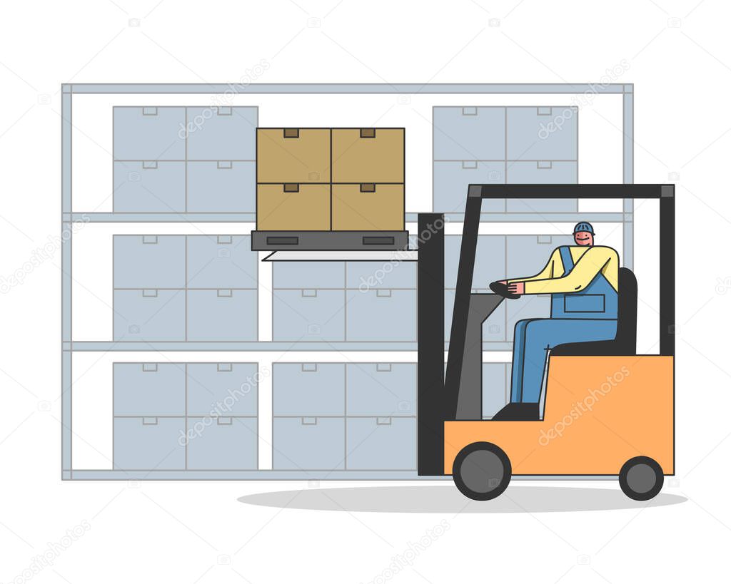 Work Process In Warehouse With Professional Work Staff. Man Is Working On Forklift, Loading And Unloading Parcels, Meet Deadlines Of Shipment Goods. Cartoon Linear Outline Flat Vector illustration