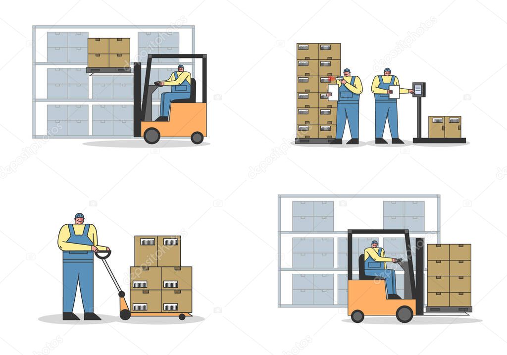 Work Process In Warehouse With Work Staff. People Are Scanning, Weighing, Loading And Unloading Parcels, Meet The Deadline Of Shipment Goods. Set Of Cartoon Linear Outline Flat Vector illustrations