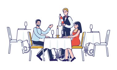 Romantik akşam yemeği kavramı. Genç mutlu çift restoranda bir sipariş veriyor. Garson şarap dolduruyor. İnsanlar birlikte unutulmaz zaman geçirirler. Çizgi film Çizgi Çizgisi Düz Vektör İllüstrasyonu
