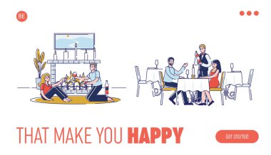 Romantik akşam yemeği kavramı. Web sitesi İniş Sayfası. Karakterler restoranda ve şöminede yemek yerler. İnsanlar birlikte vakit geçirir. Web Sayfası Çizgi Filmi Çizgisel Düz Vektör İllüstrasyonu