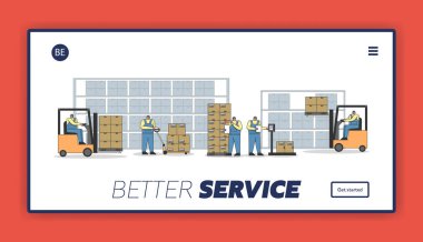 Çalışan personelle birlikte depoda çalışma süreci. Web sitesi İniş Sayfası. İşçiler paketleri tarıyor, tarıyor, yüklüyor ve boşaltıyorlar. Web Sayfası Çizgi Çizgi Çizgi Çizgi Çizgi Çizgisi Düz Stili. Vektör illüstrasyonu