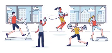 Spor Salonu Konsepti Eğitimi. Bir grup insan spor salonunda antrenman yapıyor. Karakterler ağırlık kaldırmak ve egzersiz yapmaktır. Modern Fitness Kulübü İçişleri. Çizgi film Çizgi Çizgisi Düz Vektör İllüstrasyonu