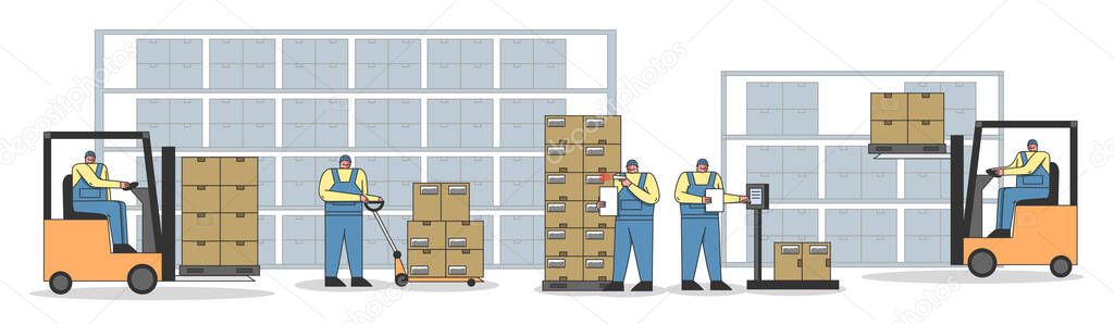 Work Process In Warehouse With Work Personnel. Workers Are Scanning, Weighting, Loading And Unloading Parcels, Meet The Deadline Of Shipment Goods. Cartoon Linear Outline Flat Vector illustration