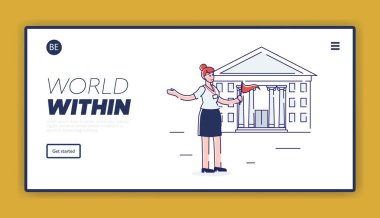 Seyahat Konsepti. Web sitesi İniş Sayfası. Meşhur binanın önünde kırmızı bayraklı turist rehberi, önemli ayrıntıları açıklamaya hazır. Web Sayfası Çizgi Çizgi Çizgi Çizgi Çizgi Çizgisi Düz Stili. Vektör İllüstrasyonu