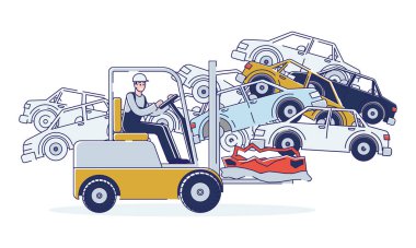 Araçların kullanım konsepti. Adam hurdalıkta çalışıyor. Kullanılmış eski otomobilleri ve hasarlı araba yığınlarını ayırıyor. Forklift üzerinde çalışan karakter. Çizgi film Çizgi Çizgisi Düz Vektör İllüstrasyonu