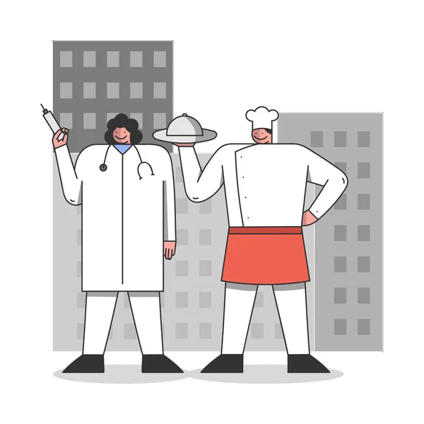 Concetto di Festa del Lavoro. Persone di diverse professioni si preparano a celebrare la festa. Dottore e chef in uniforme in piedi sullo sfondo Cityscape. Illustrazione vettoriale piana del contorno lineare del fumetto — Vettoriale Stock