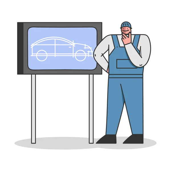 Conceito de processo de fabricação de fábrica de carro. Engenheiro alegre ou técnico de uniforme está em pé perto do carro Blueprint na tela. Desenhos animados Linear Outline Flat Style. Ilustração vetorial —  Vetores de Stock