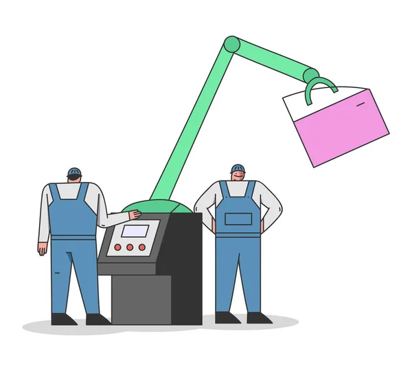 Concetto di produzione di fabbrica, processo di produzione di auto. Ingegnere e tecnico nel controllo uniforme Il braccio robot sul trasportatore di assemblaggio auto. Cartoon Linear Outline Stile piatto. Illustrazione vettoriale — Vettoriale Stock