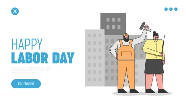 Website Landing Page. People Of Different Professions Prepare To Celebrate Labor Day. Teacher And Worker Standing On The Cityscape Background. Web Page Cartoon Linear Outline Flat Vector Illustration