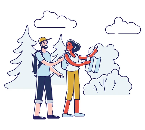 Concept van wandelen en kamperen, Landschappen. Mensen hebben een goede tijd buiten.Paar verliefd Mannelijke en vrouwelijke personages gaan wandelen in bossen. Cartoon Linear Outline Platte Stijl. Vector Illustratie — Stockvector