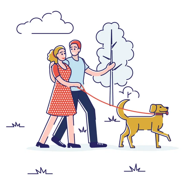 Boş zaman geçirme kavramı. Mutlu insanlar sağlıklı bir yaşam sürerler ve birlikte iyi vakit geçirirler. Karakterler köpekle birlikte şehir parkında yürüyor. Çizgi film Düz Dış Hatlar Biçimi. Vektör İllüstrasyonu — Stok Vektör