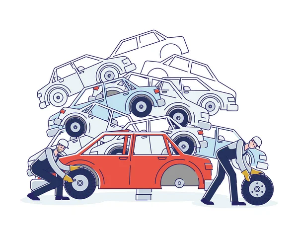 Concetto di utilizzo dei veicoli. I personaggi lavorano su discarica smistamento vecchie automobili usate e mucchi di auto danneggiate. Personaggi smantellamento auto. Illustrazione vettoriale piana del contorno lineare del fumetto — Vettoriale Stock