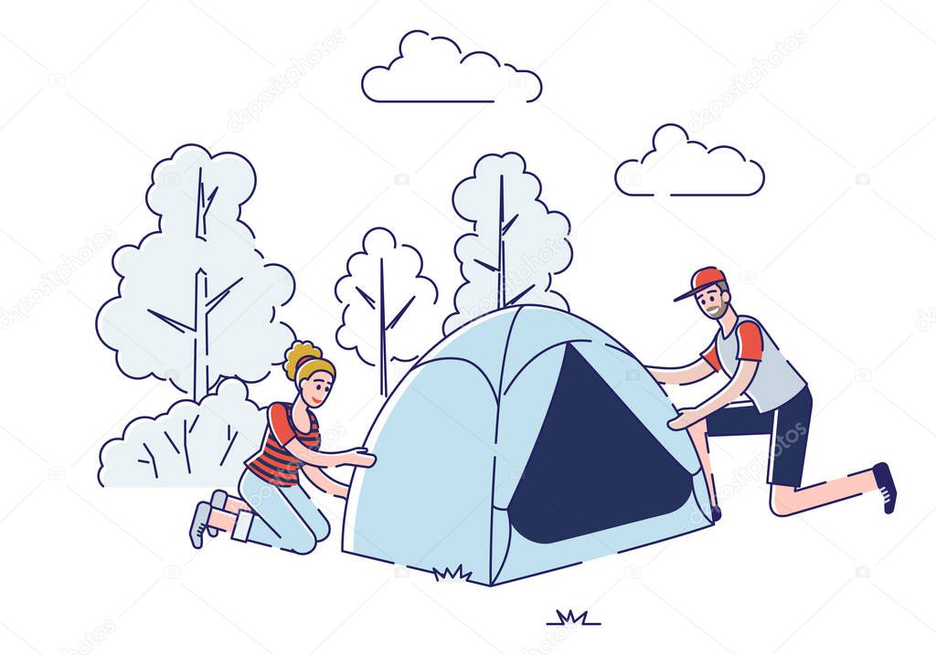 Concept Of Hiking, Camping And Summer Landscapes. People Are Having A Wonderful Time Outdoor. Cheerful Characters Are Pitching Tent Together. Cartoon Linear Outline Flat Style. Vector Illustration
