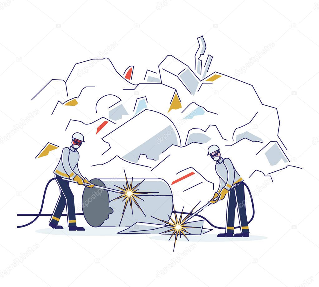 Recycling Plant For Old Broken Metal Things. Welders In Protective Uniform Working On Junkyard Cutting Old Scrap Metal With Torch For Recycling. Cartoon Linear Outline Flat Style. Vector Illustration