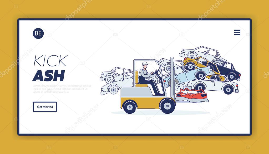 Concept Of Utilization Of Vehicles Website Landing Page Man Is Working On Junkyard Sorting Old Used Automobiles Character Work On Forklift Web Page Cartoon Linear Outline Flat Vector Illustration Premium Vector