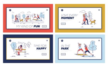 Web sitesi İniş Sayfası. İnsanlar Sağlıklı Yaşam Tarzı Sürüyor. Karakterler şehirde köpekle geziyor, dondurma yiyor, dışarıda yoga yapıyor. Web Sayfası Çizgi Filmi Çizgi Çizgisi Düz Vektör Resimleri Ayarları