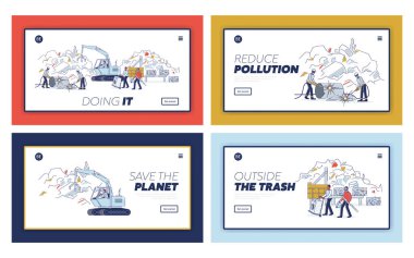 Hurda metal konsepti. Web sitesi İniş Sayfası. Hurda metal yığınlarını ayıran adamlar. İnsanlar Eski Metal Kırık Tekniğini Geri Dönüşüm Tesisine Getiriyor. Web Sayfası Çizgi Filmi Çizgi Çizgisi Düz Vektör Resimleri Ayarları