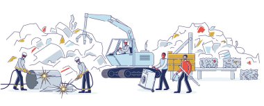 Hurda metal konsepti. İşçiler hurdalıkta çalışır, hurda metal yığınlarını ayırırlar. İnsanlar Eski Metal Şeyleri, Kırık Teknikleri Geri Dönüşüm Tesisine Getiriyor. Çizgi film Çizgi Çizgisi Düz Vektör İllüstrasyonu