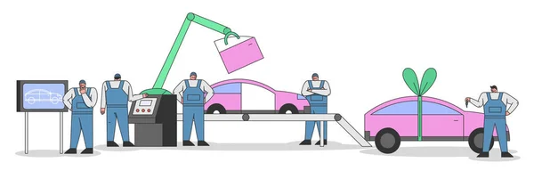 Koncepce automobilového výrobního procesu s pracujícími zaměstnanci. Inženýři a technici vyvíjejí, řídí proces montáže automobilů na dopravníku. Cartoon Linear Outline Flat Vector Illustration — Stockový vektor