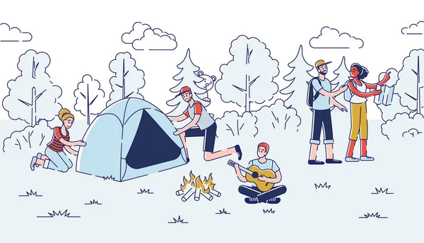 Concepto de Camping. La gente se divierte al aire libre. Personajes alegres lanzando la tienda, yendo de excursión, tocando la guitarra y cantando las canciones. Dibujos animados Esquema lineal Ilustración de vectores planos — Archivo Imágenes Vectoriales