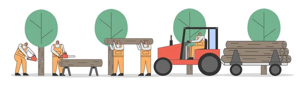 Concepto de cortar árboles. Trabajador de aserradero profesional lleva enormes troncos en tractores remolque para el procesamiento posterior. Deforestación global. Dibujos animados Linear Outline Flat Style. Ilustración vectorial — Archivo Imágenes Vectoriales