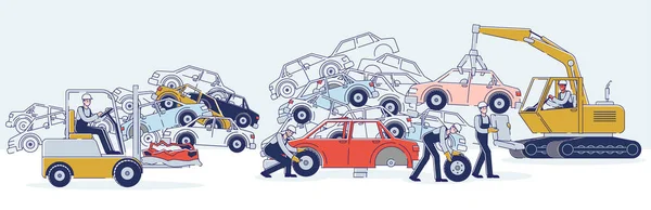 Concetto di utilizzo dei veicoli. I personaggi lavorano su discarica smistamento vecchie automobili usate e mucchi di auto danneggiate. Personaggi smantellamento auto. Illustrazione vettoriale piana del contorno lineare del fumetto — Vettoriale Stock