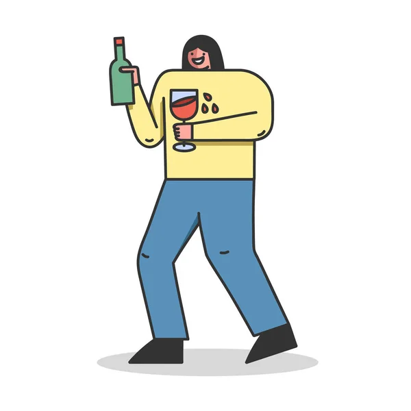 Conceito de alcoolismo, beber álcool. Personagem Feminino Bêbado é Beber Vinho, Segurando Garrafa e Copo de Bebida. Dependência de álcool da população. Desenhos animados Linear esboço plana Vector Ilustração —  Vetores de Stock