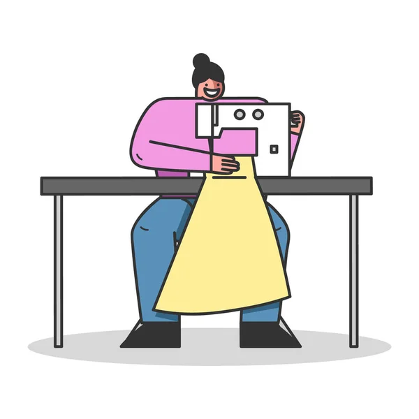 Concept Of Clothes Design, Textile Sewing Factory. Designer Is Working In Handmade Fashion Atelier. Dressmaker Sew Dress On A Sewing Machine. Cartoon Linear Outline Flat Style. Vector Illustration — Stock Vector
