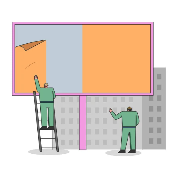 Concept van reclame. Werknemers in uniform monteren Poster op Big Billboard met behulp van Ladder. Buitenreclame affiche op de City Street. Cartoon Linear Outline Platte Stijl. Vector Illustratie — Stockvector