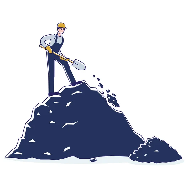 Steenkoolwinning, winningsindustrie Concept. Mijnwerker is Mineralen Mijnbouw Staande op de steenkool rots door middel van schep. Winningsindustrie. Man werkt in Quarry. Cartoon Linear Outline Flat Vector Illustratie — Stockvector