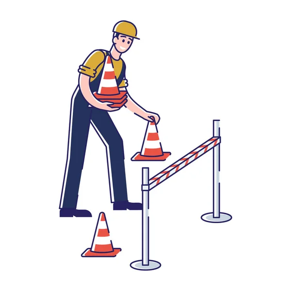 Concepto de obras viales. El hombre está poniendo señales de advertencia para la seguridad de los peatones y el tráfico. Obrero conjunto de señales de trabajo en carretera y barreras. Dibujos animados Linear Outline Flat Style. Ilustración vectorial — Archivo Imágenes Vectoriales