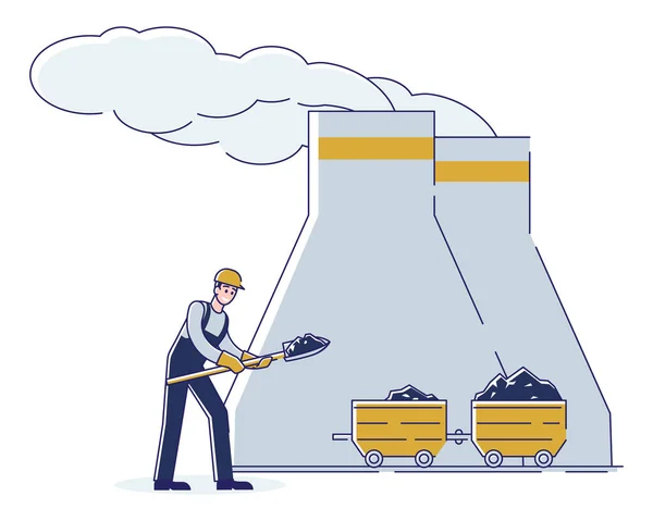 Concepto de minería del carbón, industria extractora. La mina minera y el carbón de la carga en el carro por medio de la pala para la entrega adicional a la planta de energía térmica. Dibujos animados Esquema lineal Ilustración de vectores planos — Vector de stock