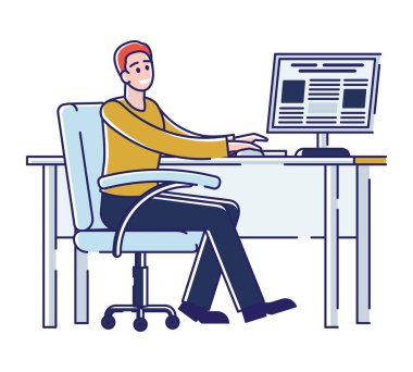 Basın Medya Endüstrisi, Gazete Üretim Süreci. Matbaada çalışan işçiler, bilgisayardaki gazetenin yeni sayısının şablonunu oluşturuyorlar. Çizgi film Çizgi Dış Hattı Düz Biçim Vektör İllüstrasyonu