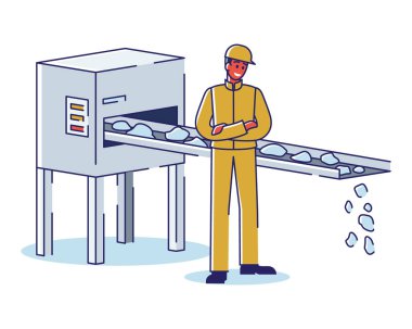 Metalürji Endüstrisi Konsepti. İşçi Kalite ve Süreç Demir Kül Tedarikçisini Taşıyıcı Kontrol Ediyor. Metal Ürünleri Üretimi. Fabrika atölyesi. Çizgi film Çizgi Çizgisi Düz Vektör İllüstrasyonu