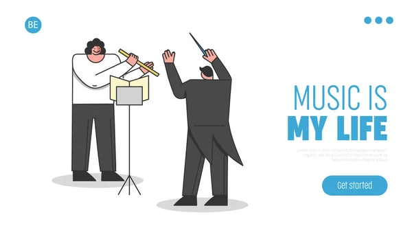 Concept Of Symphony Orchestra. Website Landing Page. Female Character Is Playing Flute The Instrumental Symphony Led By The Conductor. Web Page Cartoon Linear Outline Flat Style. Vector Illustration — Stock Vector