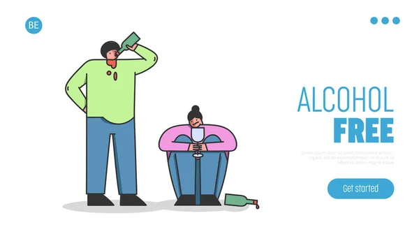 Conceito de alcoolismo, beber álcool. Página de desembarque do site. Personagens masculinos e femininos estão bebendo vinho, homem bebe direto da garrafa. Desenhos animados Desenhos animados Linear Esboço Plana Vector Ilustração — Vetor de Stock