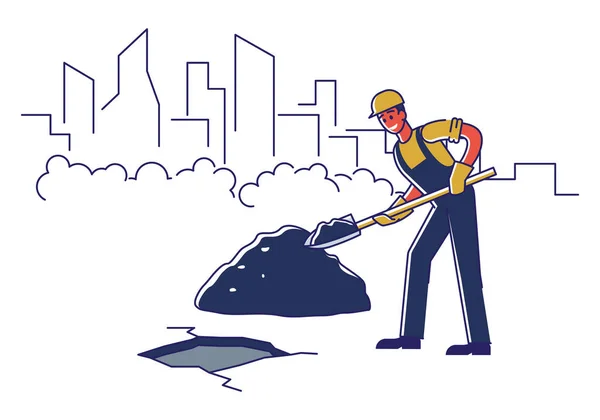 Concept Of Renovation Of Road. Worker Is Repairing Road Surface With Work Tools. Male Character In Uniform Use Shovel To Repair And Lay Asphalt. Cartoon Linear Outline Flat Style. Vector Illustration — Stock Vector