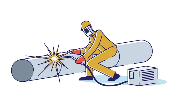 Metallurgische Industrie-Konzept. Mann schweißt Rohr durch ARC Schweißer. Professioneller Charakter in Uniform im Hüttenwerk. Herstellung von Metallprodukten. Cartoon Linear Outline Flache Vektorillustration — Stockvektor