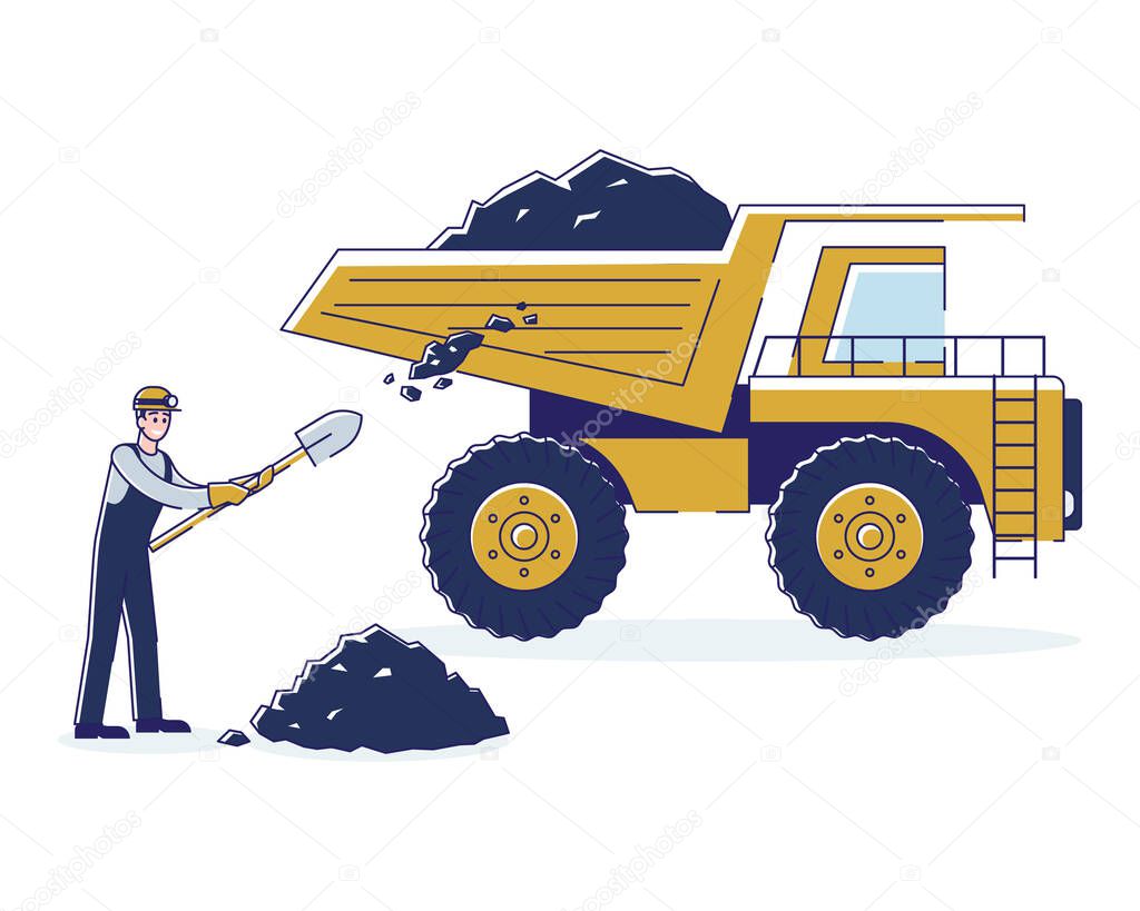 Concept Of Coal Mining. Worker Is Loading Coal By Means Shovel In The Back Of The Truck For The Further Delivery To The Warehouses And Plants. Cartoon Linear Outline Flat Style. Vector Illustration