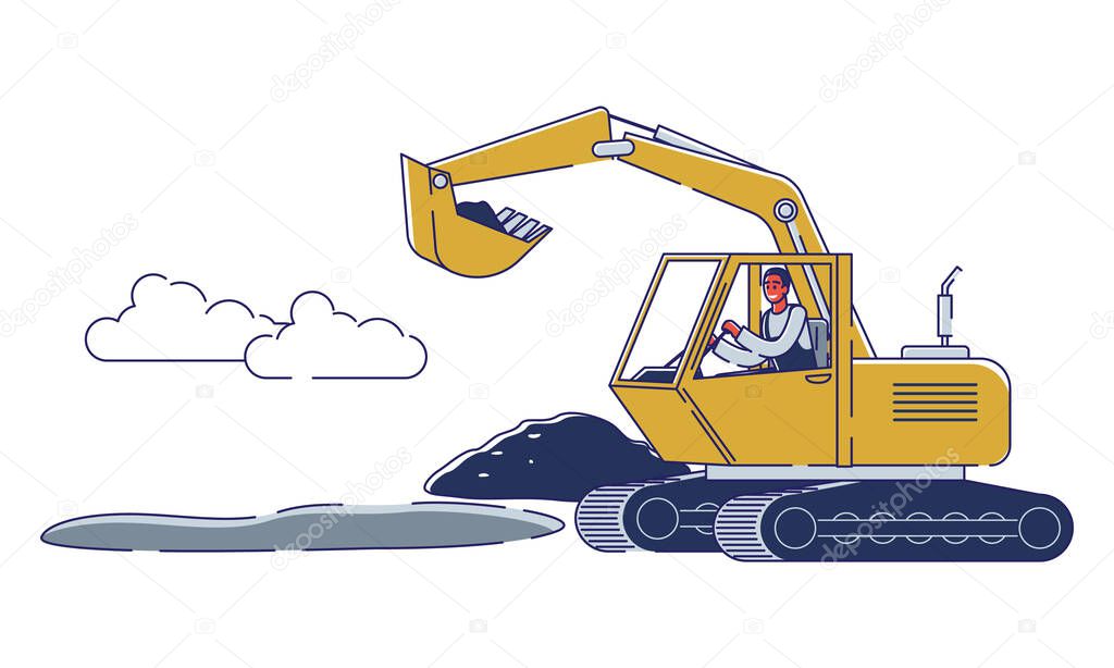 Concept Of Road Works. Worker Repair Road Surface. Character Is Working With Heavy Machinery. Worker Use Excavator To Repair And Lay Asphalt Maintenance. Cartoon Linear Outline Vector Illustration
