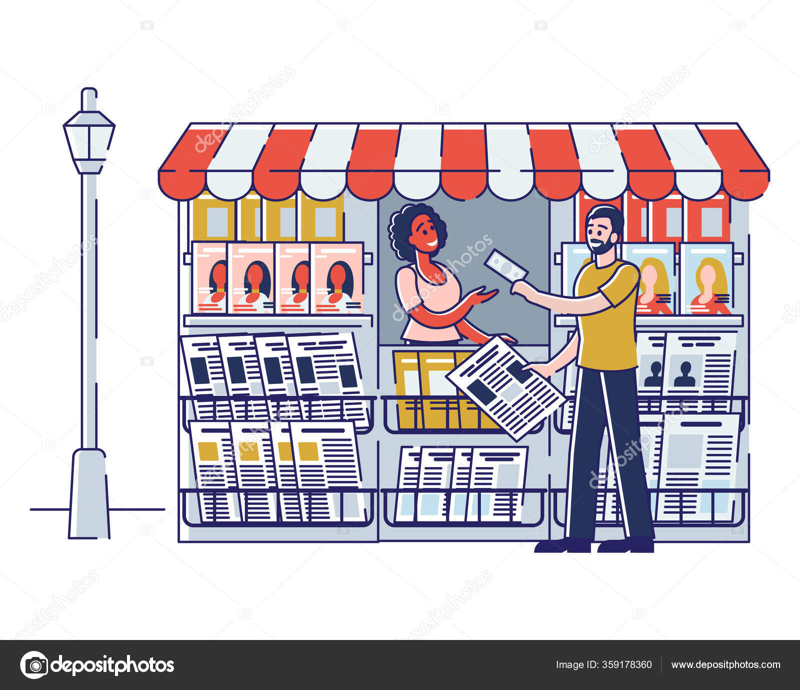 Concept Of Newsstand Woman Seller Is Selling Newspapers And Magazines In Press Kiosk Female Character Selling Fresh Press In Booth On Street Cartoon Linear Outline Flat Style Vector Illustration Stock Vector Image