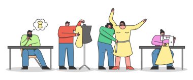 Kıyafet Tasarımı Konsepti. Karakterler el yapımı moda atıcılığında çalışır. Tasarımcılar kıyafetlerden bir tasarım yapar, ölçüleri ölçer, dikiş makinesine dikiş dikerler. Çizgi film Çizgi Çizgisi Düz Vektör İllüstrasyonu